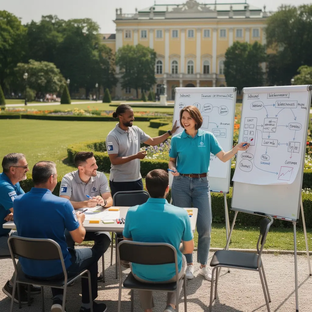 Ein Trainer, der in einem Seminarraum eine Präsentation zu Beschaffungsoperationen und Bestandsverwaltung hält.